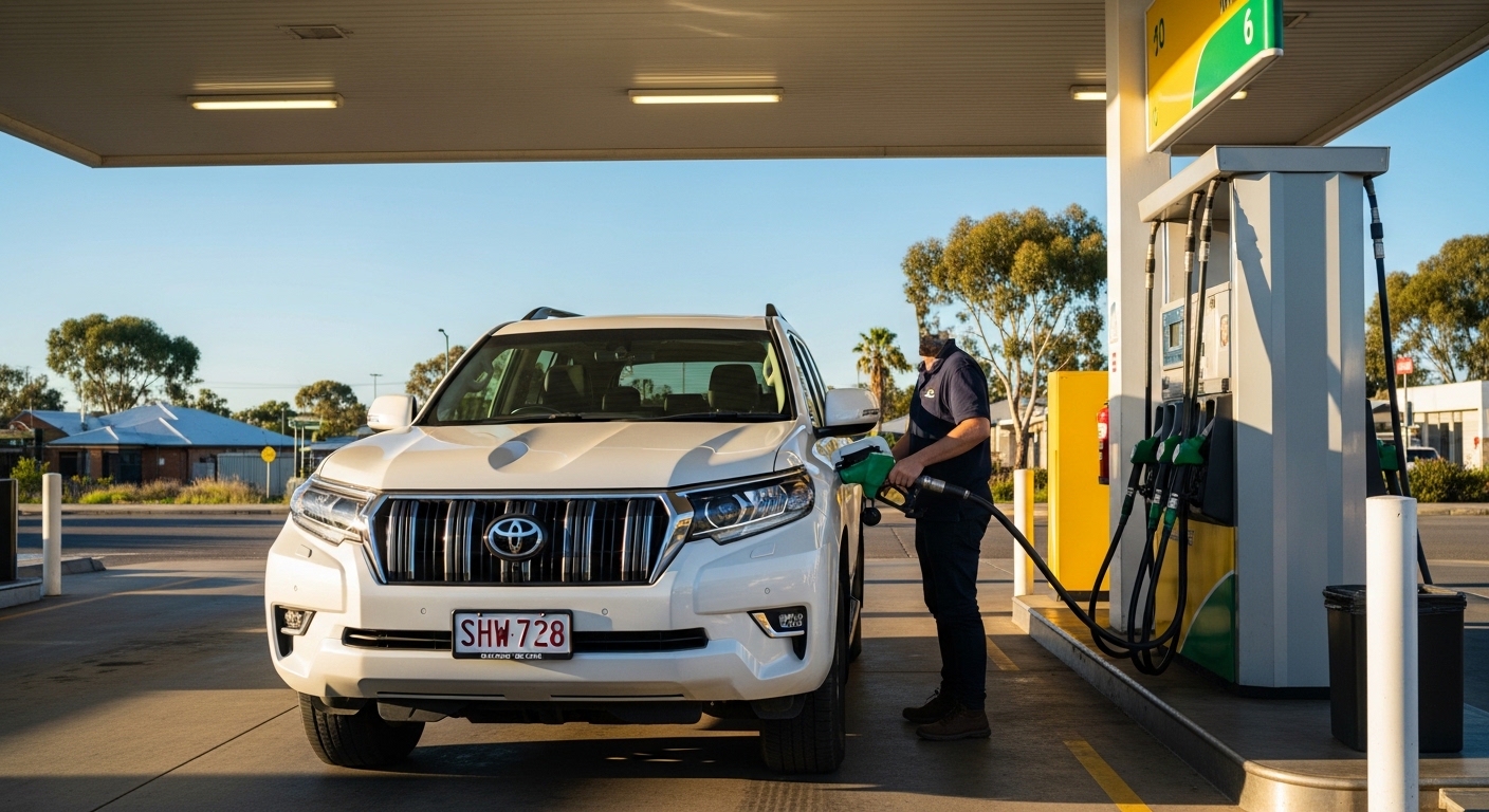 Person refuelling a white Toyota SUV at a petrol station pump