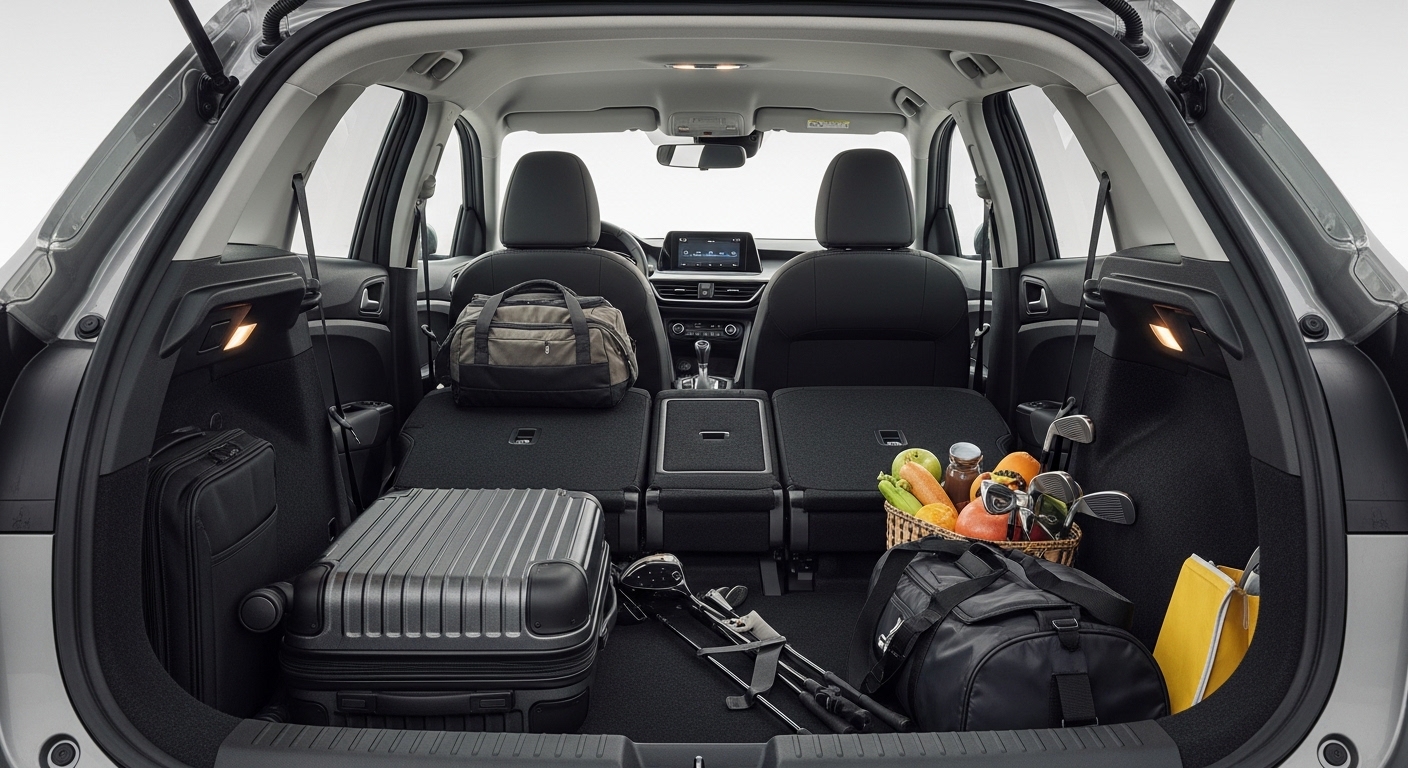 Open hatchback boot with folded rear seats, luggage, golf clubs, and groceries inside