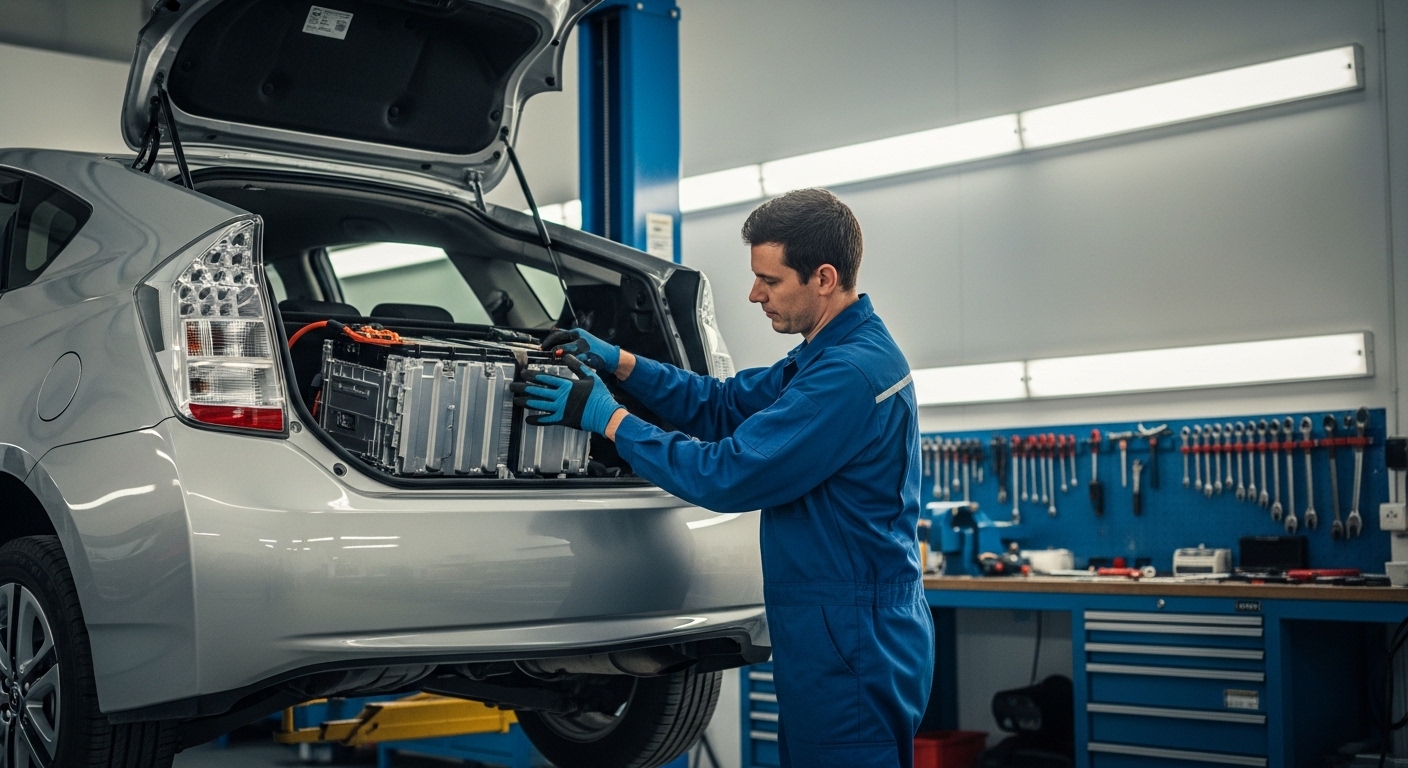 Technician in blue coveralls removes a hybrid battery pack from the rear of a silver Toyota hatchback.