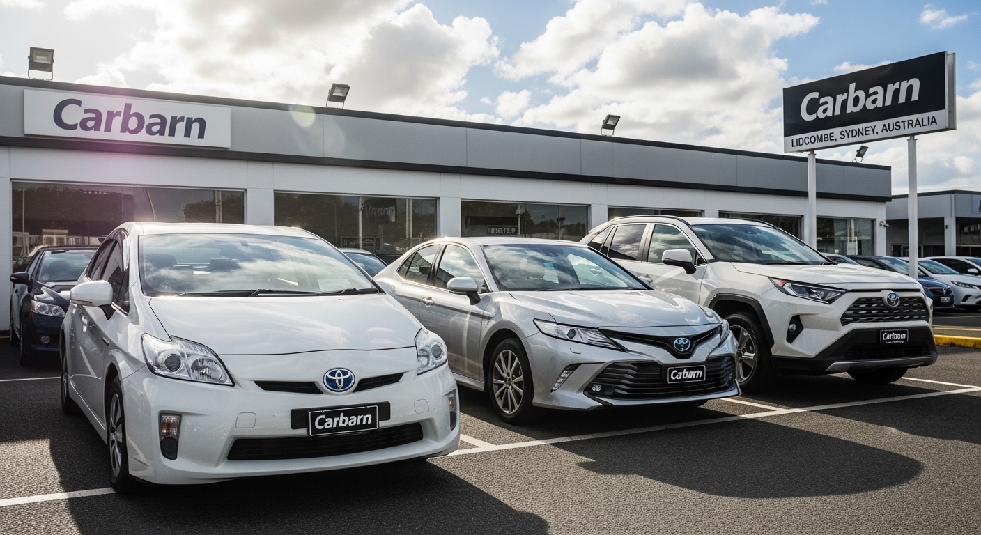 White and silver Toyota cars parked outside the Carbarn dealership in Lidcombe, Sydney