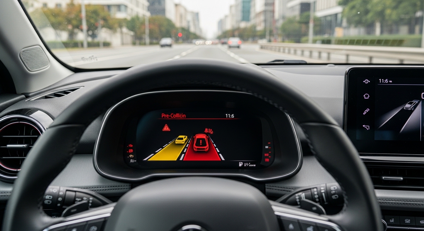 View from behind a car steering wheel with digital collision warning display and city road ahead