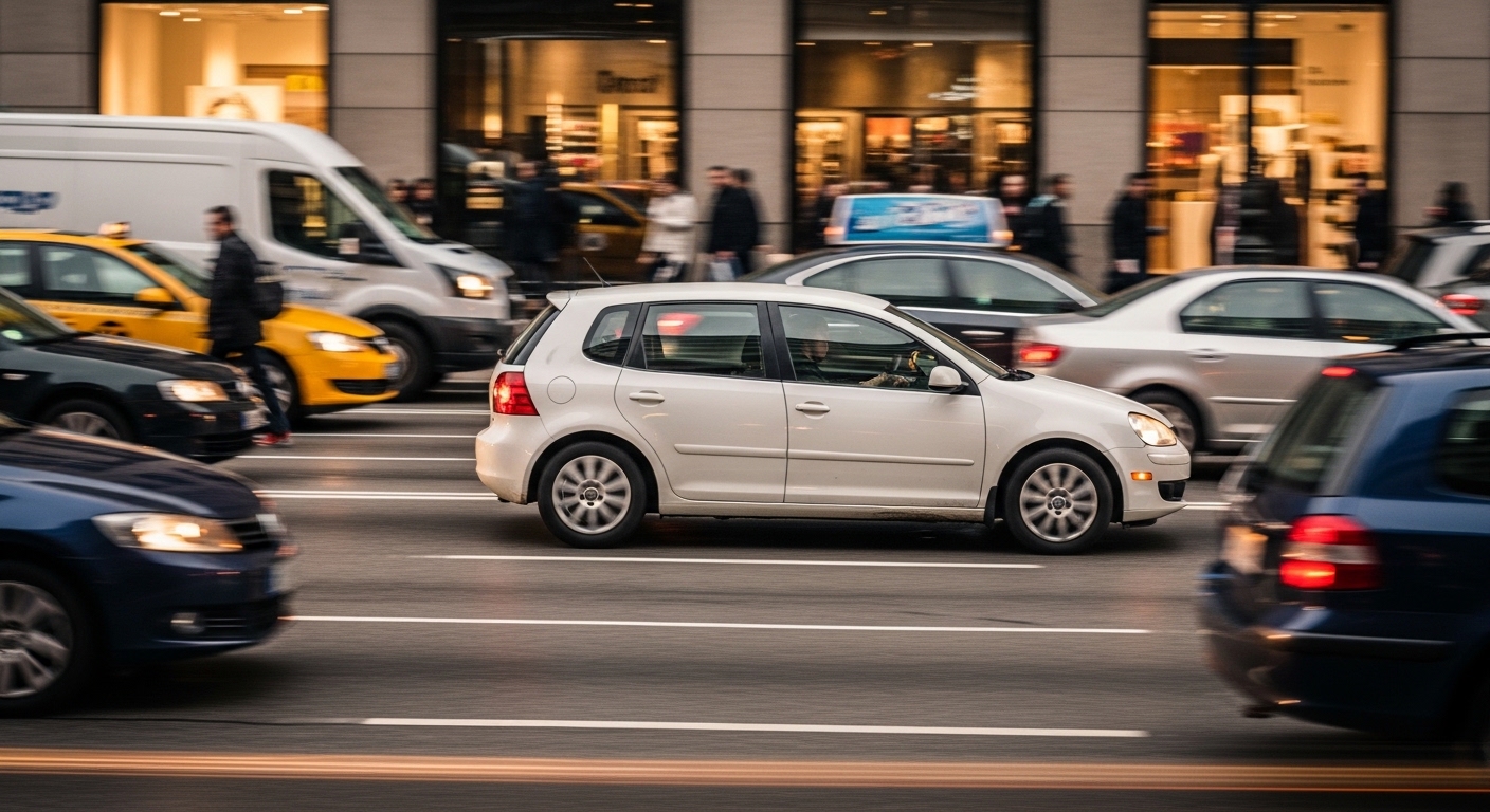 White hatchback driving through busy city traffic with other cars and pedestrians by storefronts