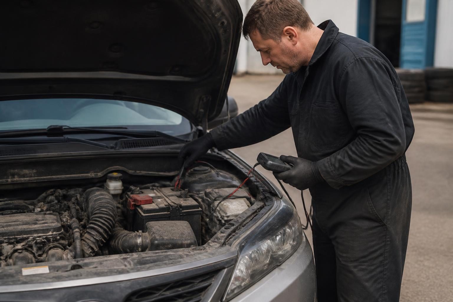 Mechanic testing a car battery with diagnostic leads under an open hood.