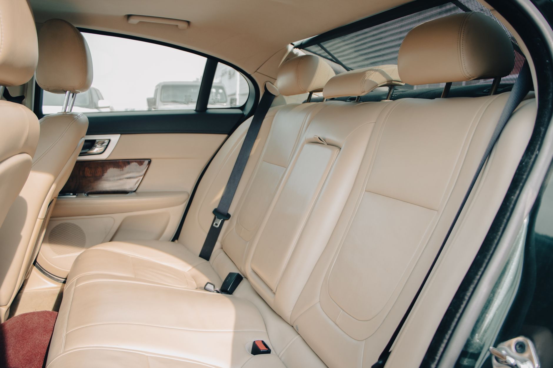 Beige leather rear seats inside a sedan with headrests, seat belts, and wood trim on the door
