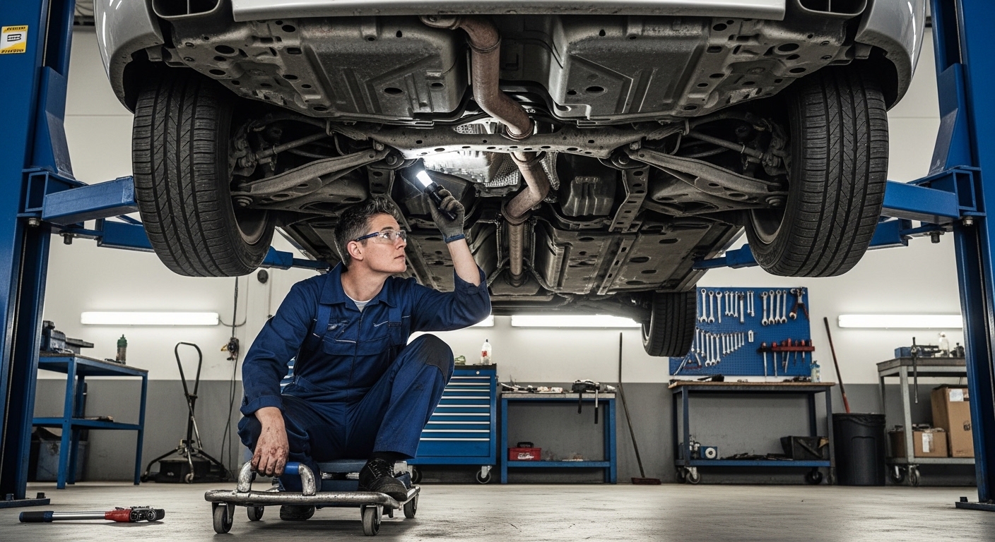 Mechanic on a creeper uses a flashlight to inspect the underside of a car on a lift