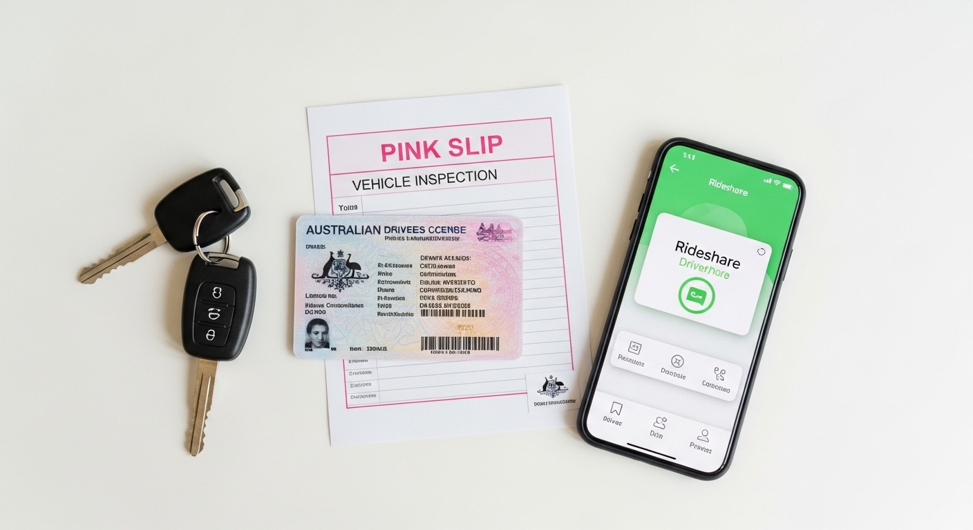 Car keys, Australian driver's licence, pink slip inspection form, and rideshare app phone on white desk