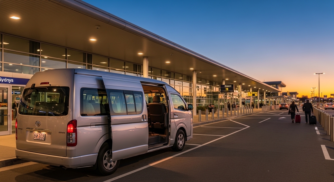 Silver Toyota van with sliding door open at an airport terminal curbside at dusk