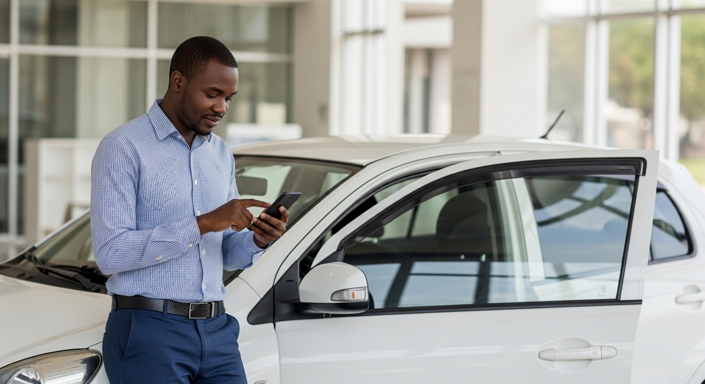 A Zambian buyer compares used-car listings on a smartphone beside a Japanese hatchback.