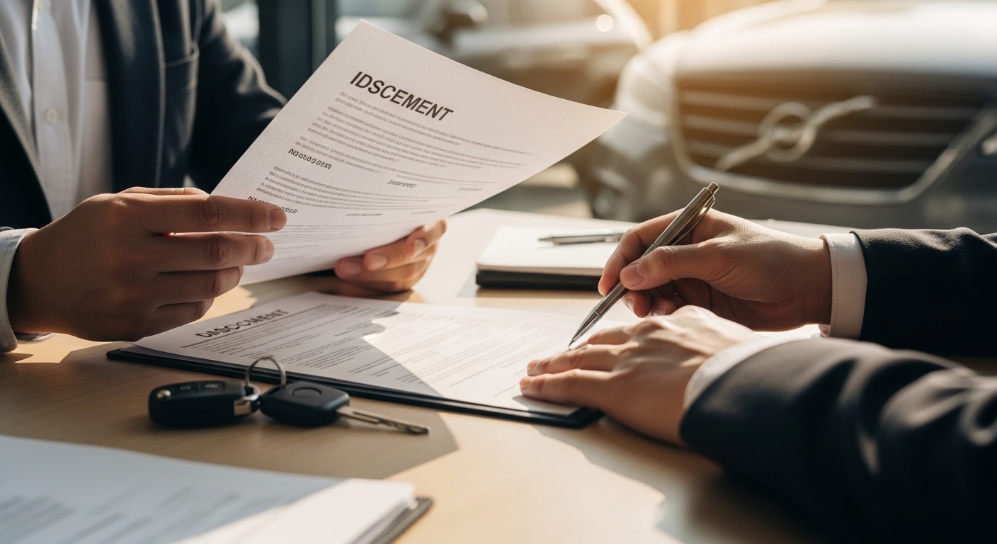 A buyer reviews vehicle documents and cost notes beside a set of car keys.