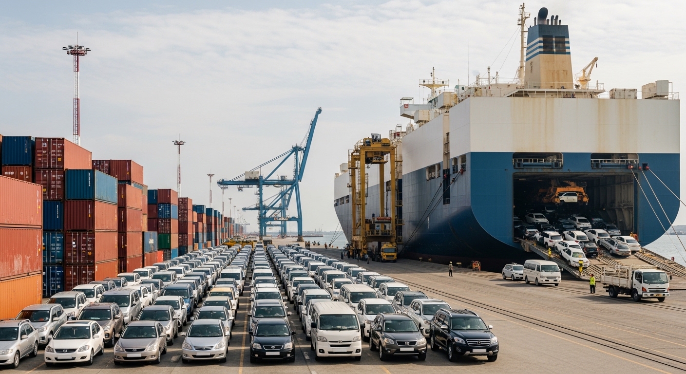 A car carrier ship unloads vehicles beside stacked containers at a regional cargo port.