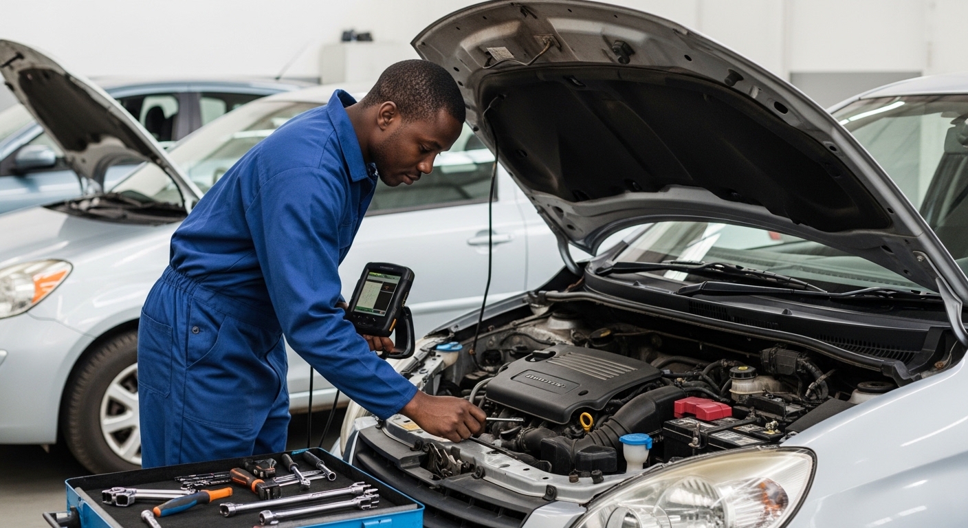 An African mechanic inspects the engine bay of a used compact car in a workshop.