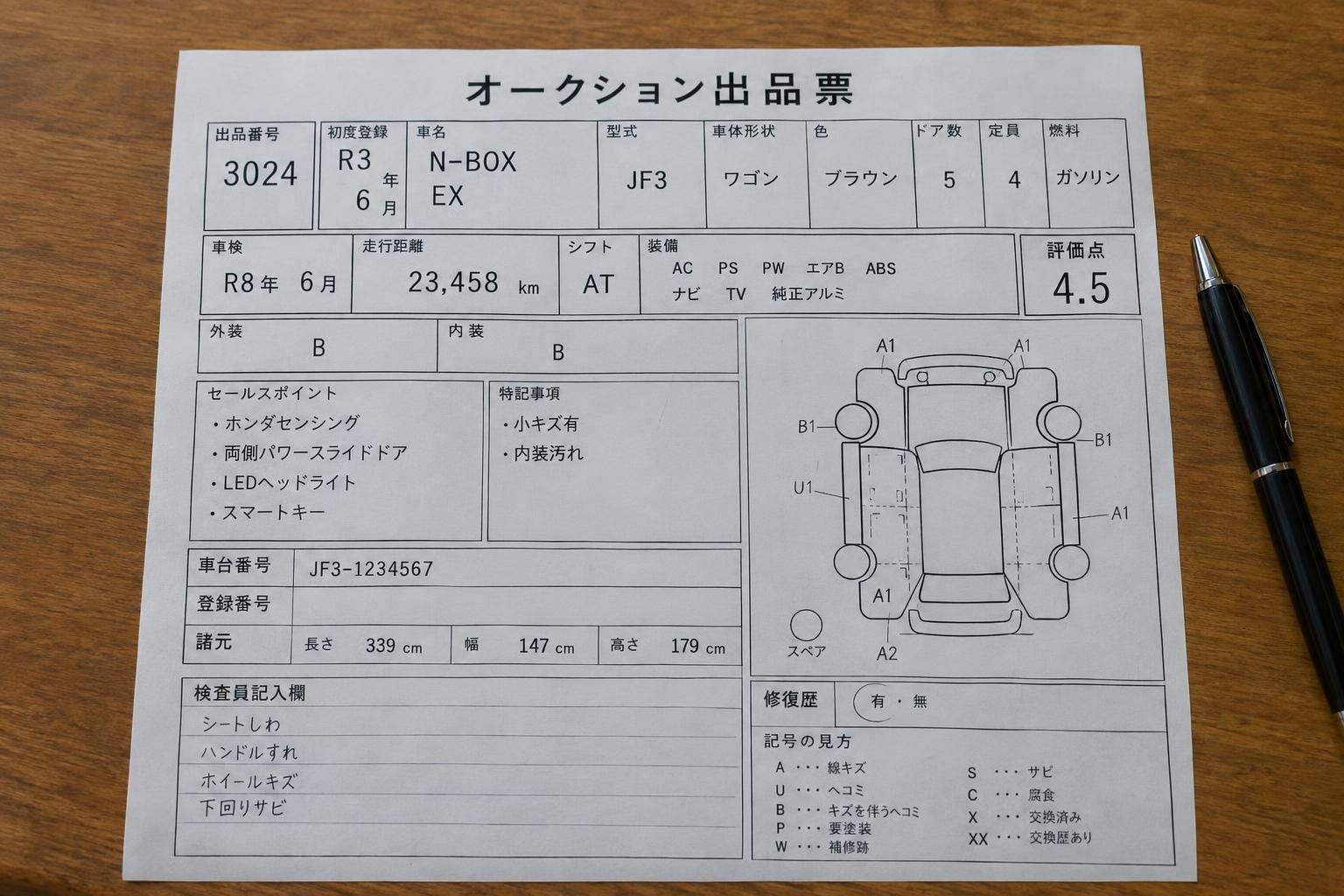 Japanese auction inspection sheet for a Honda N-Box EX JF3 on a wooden desk beside a pen.