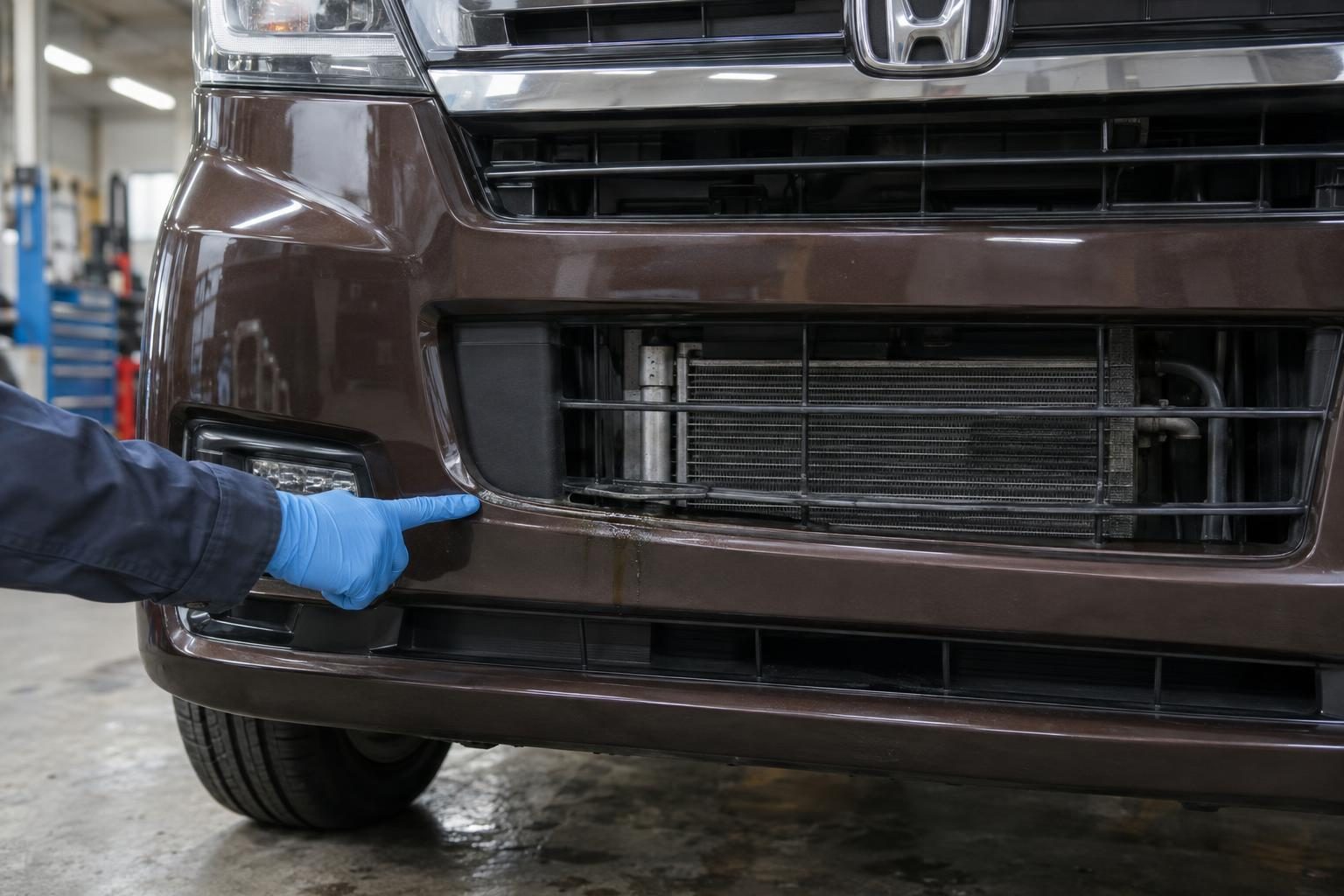 Blue-gloved mechanic points at an oily stain on the lower bumper seam of a Honda N-Box.