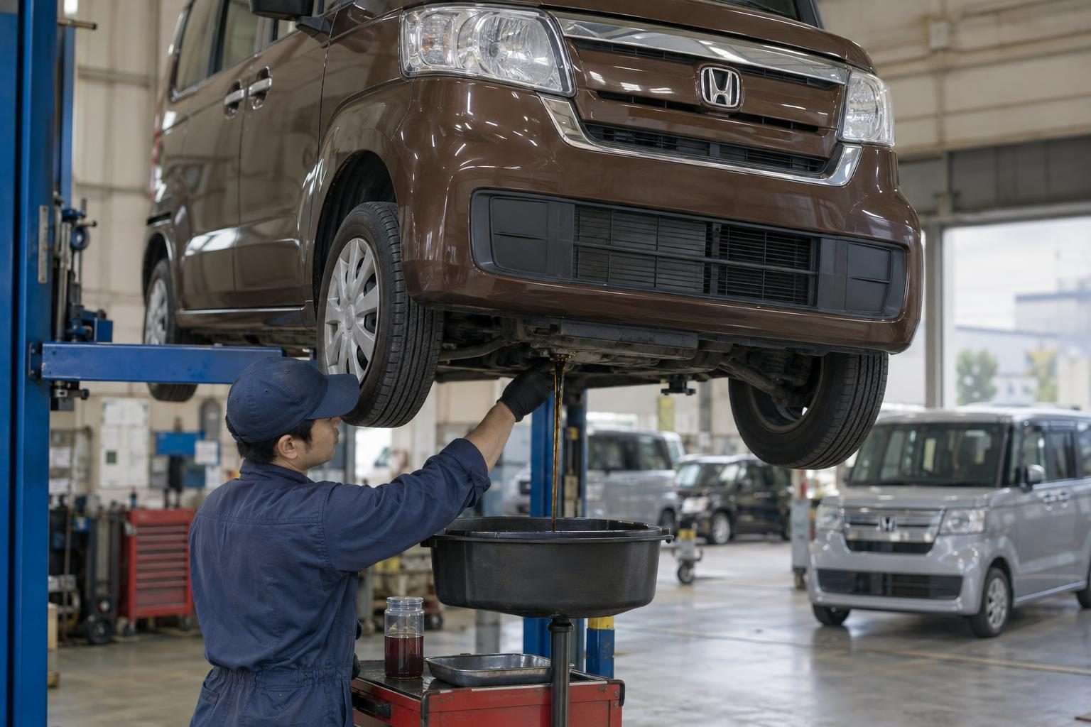 Mechanic drains fluid from a lifted Honda N-Box in a workshop.