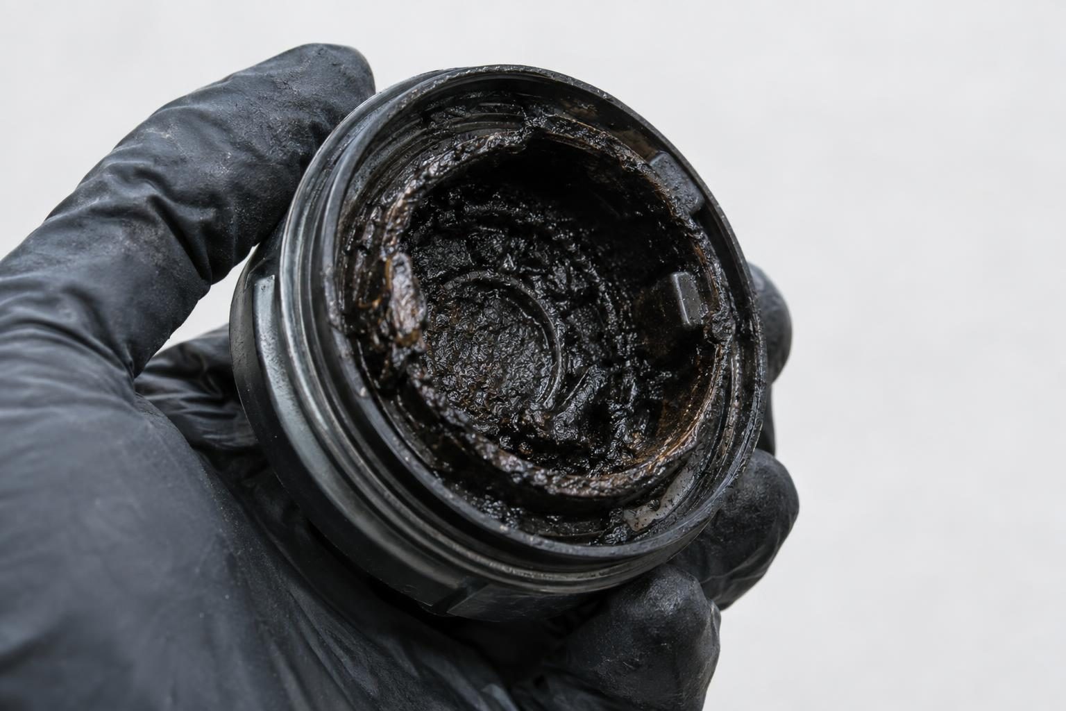 Gloved hands hold the sludge-coated underside of an oil filler cap.