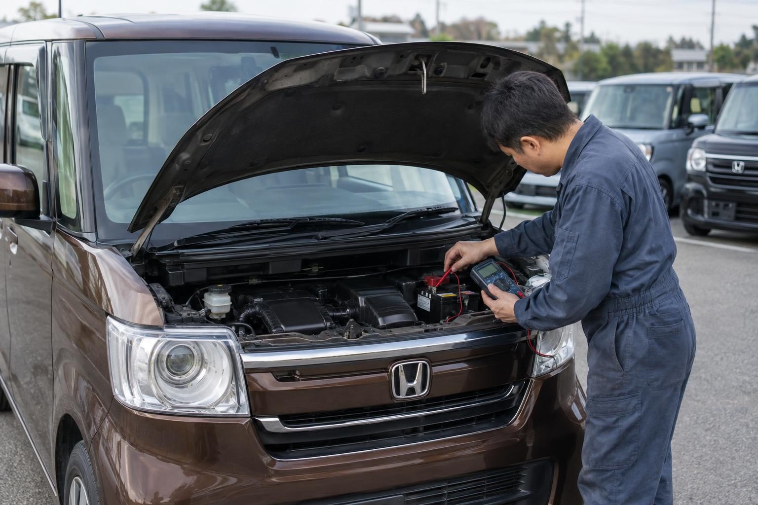 Mechanic uses a multimeter to check the battery in a Honda N-Box engine bay.