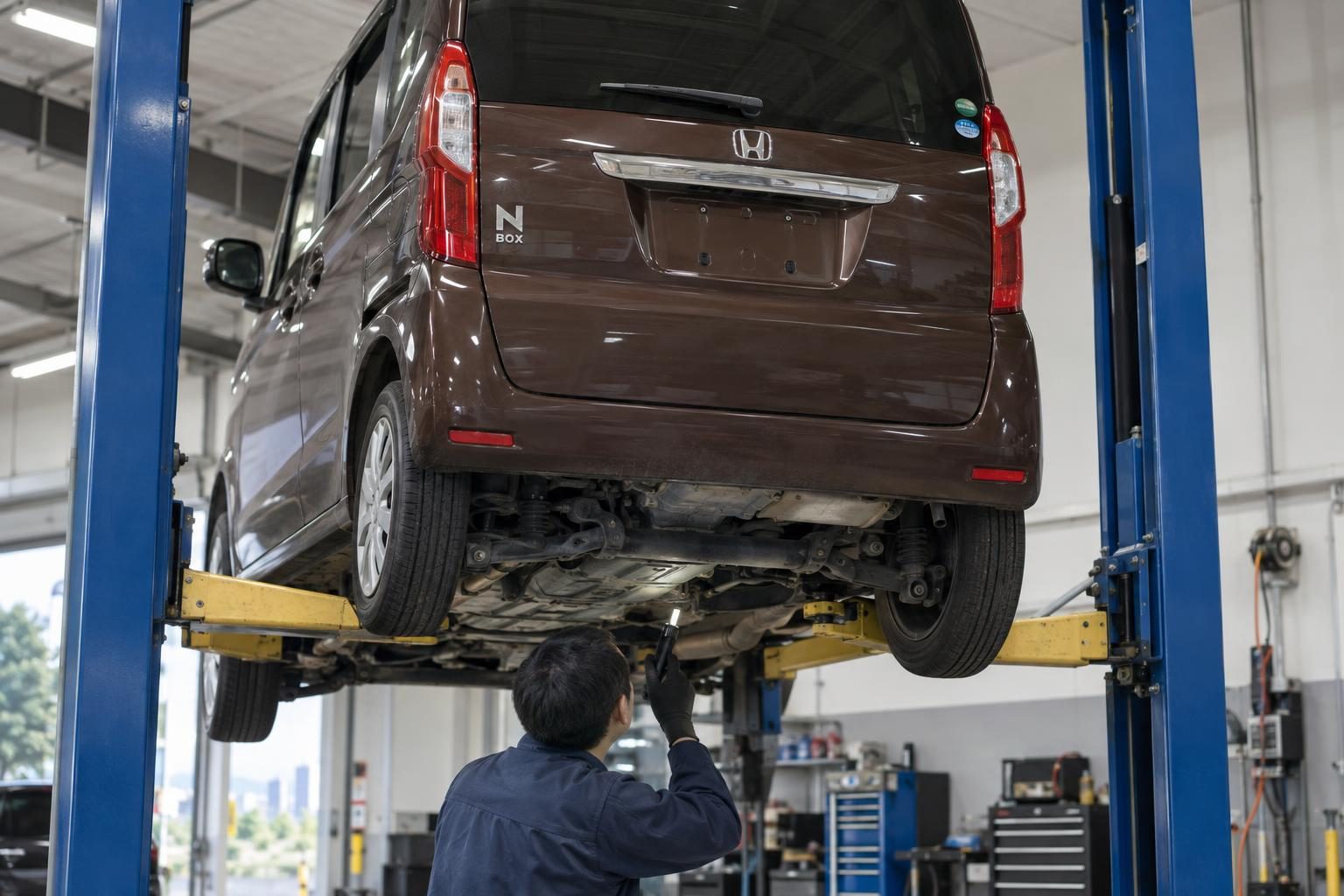 Inspector checks the underbody of a Honda N-Box raised on a two-post workshop hoist.