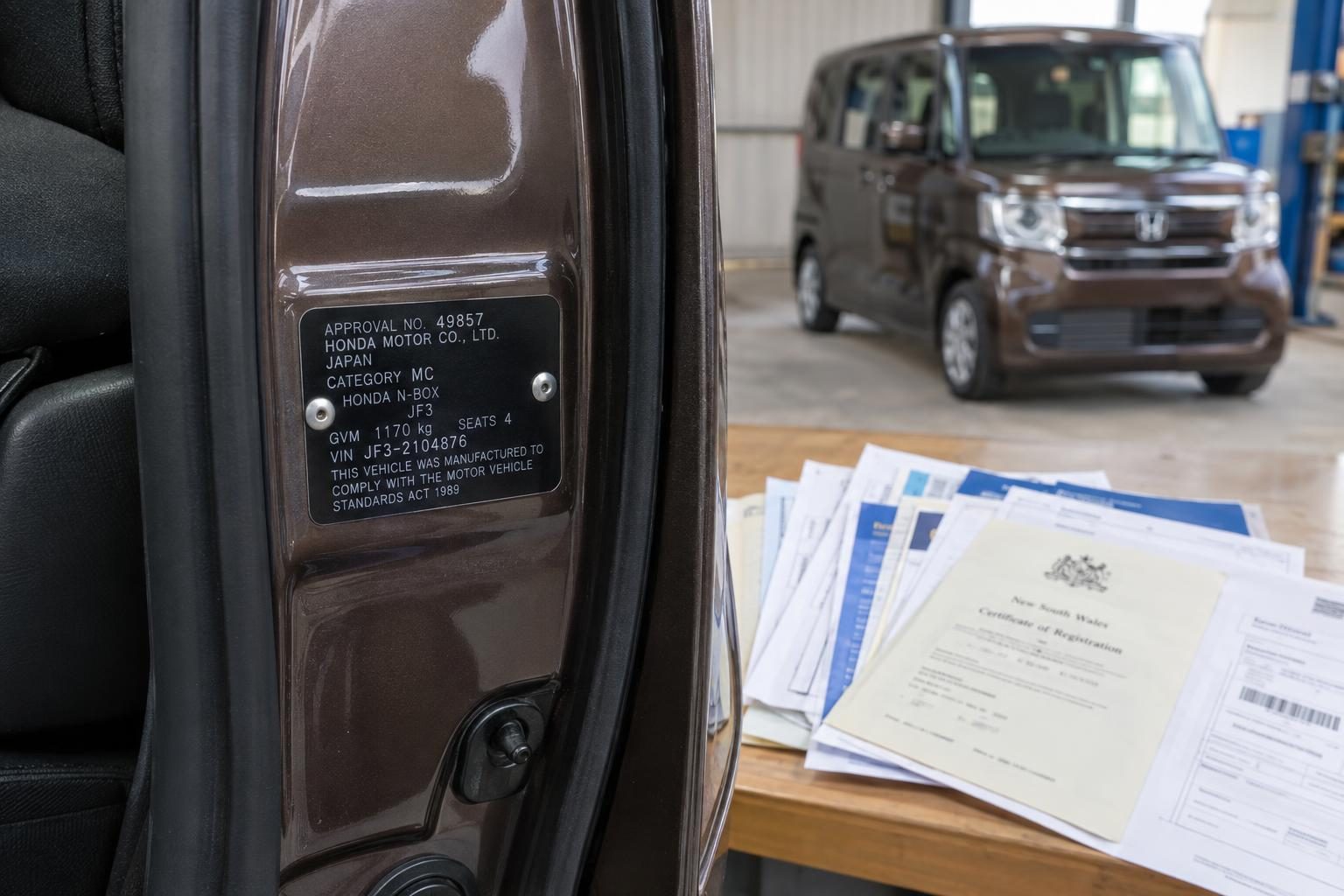 Honda N-Box JF3 compliance plate on the driver-side door jamb, with paperwork and the vehicle behind.