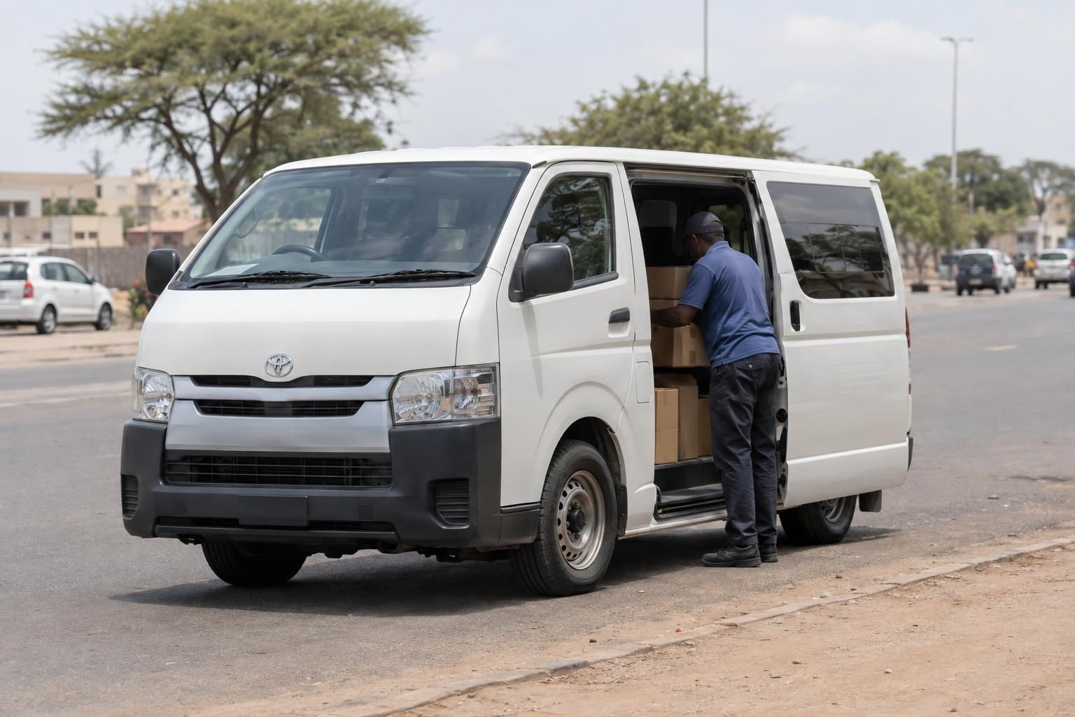 A white Toyota Hiace H200 van with its sliding door open as a man loads boxes.