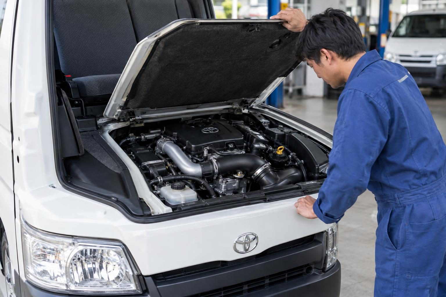 Mechanic inspecting the engine beneath an opened cab-floor hatch in a white Toyota Hiace H200.
