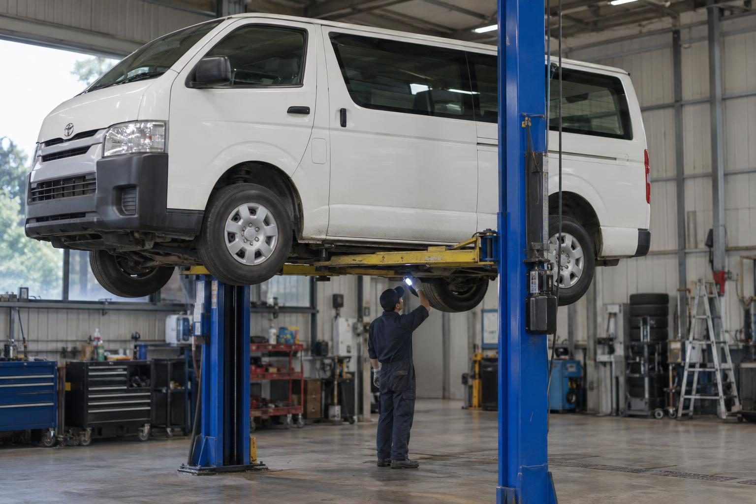 A white Toyota Hiace H200 is raised on a two-post lift as a mechanic inspects underneath with a torch.
