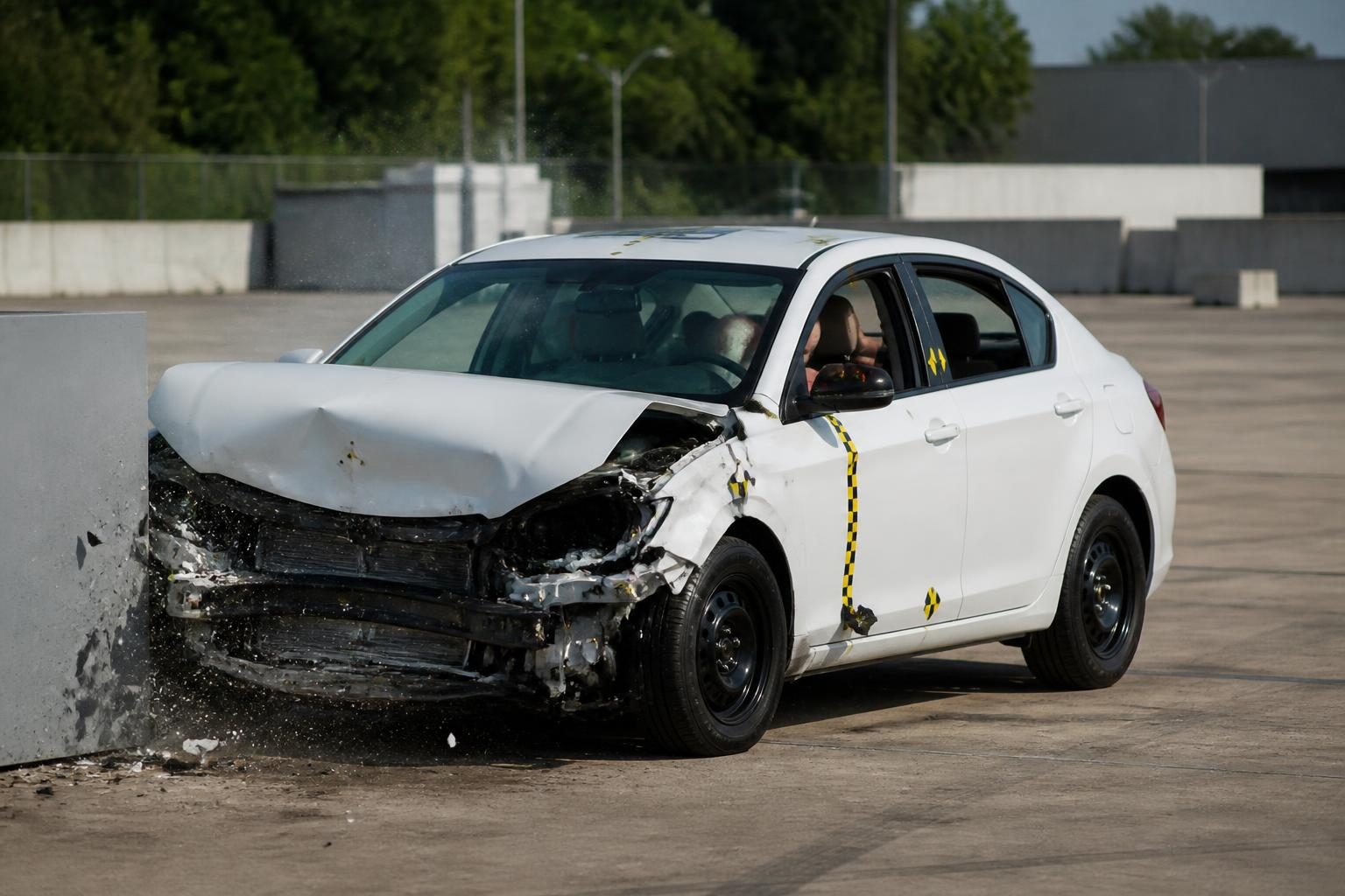 White crash-test sedan striking a concrete barrier, with front-end damage and debris.