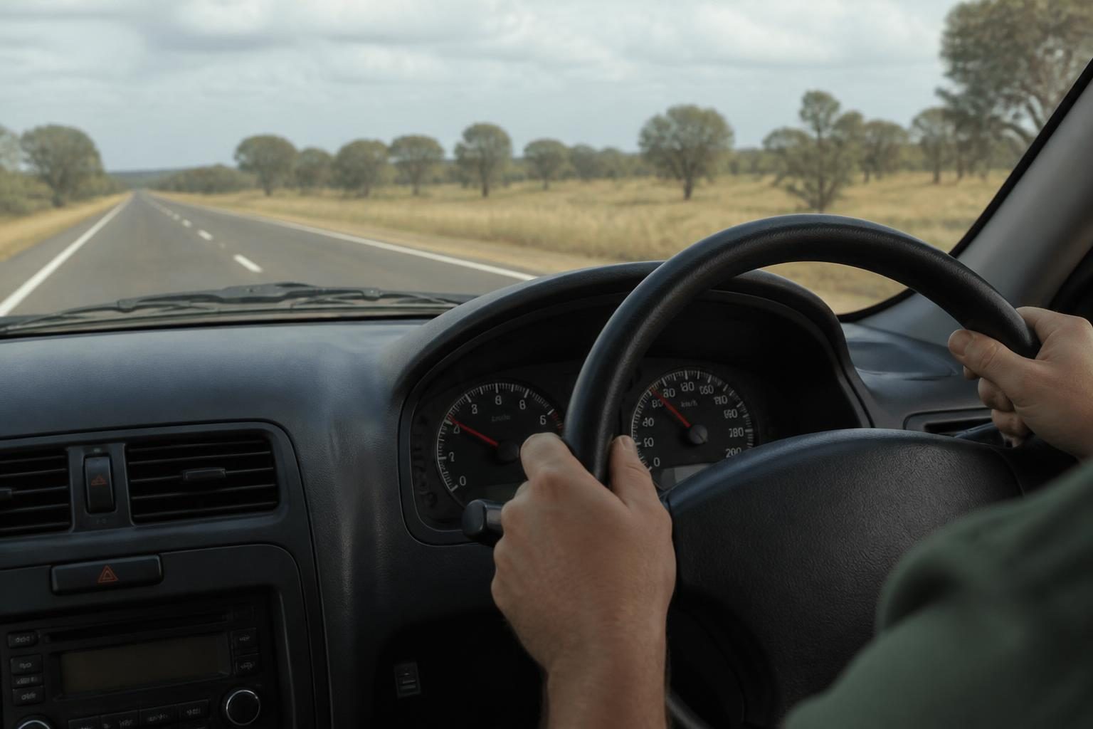 Driver grips steering wheel inside a car while a straight rural road stretches ahead.