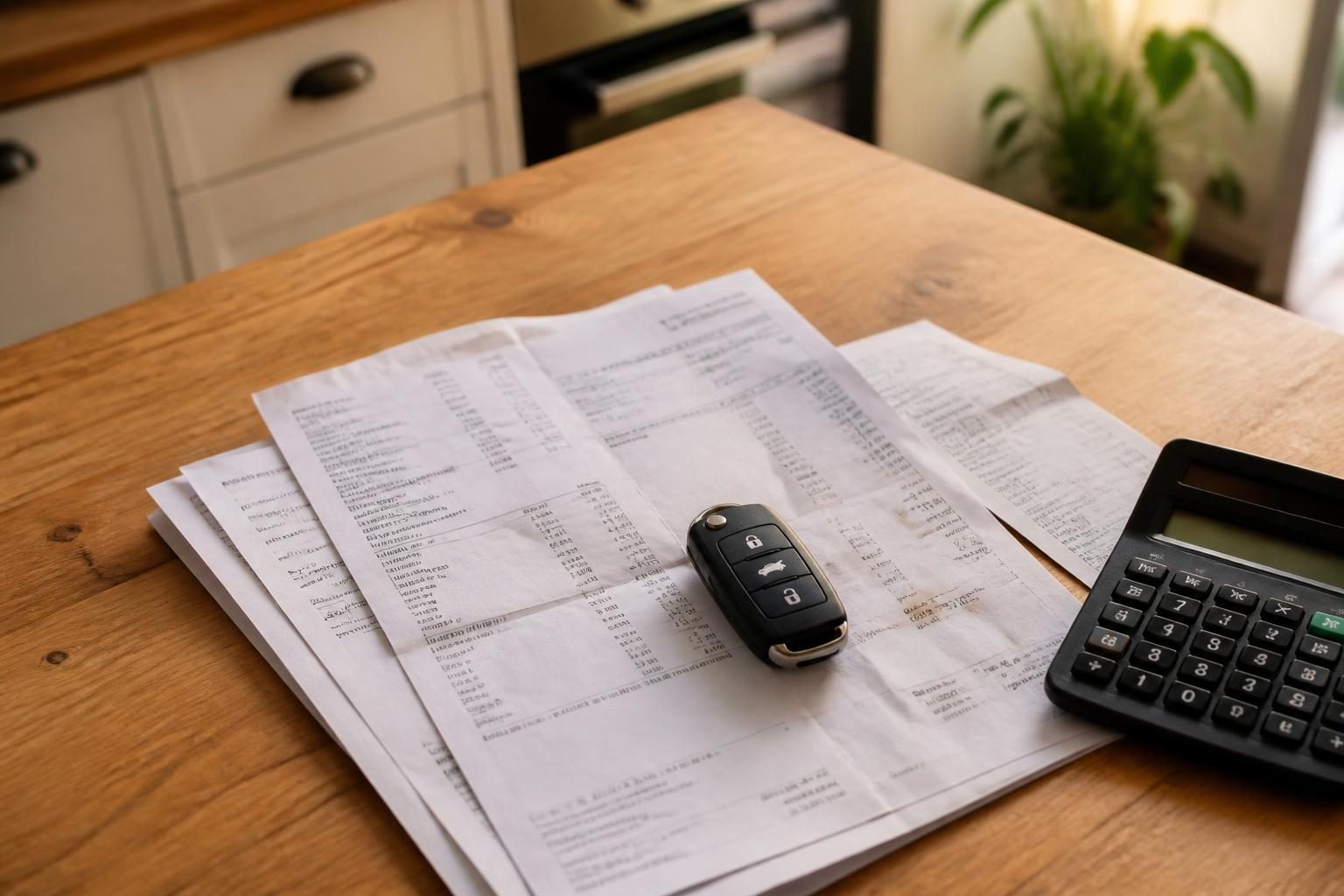 Car key fob on stacked printed receipts beside a calculator on a wooden table.